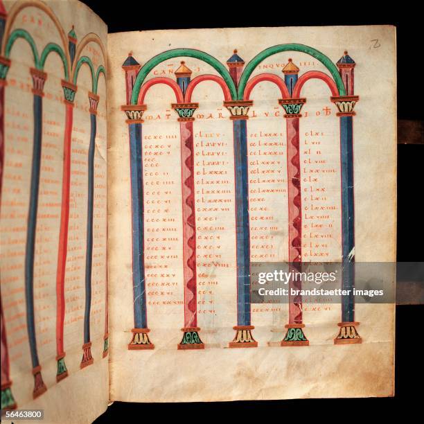 Admont, Styria: Benedictine monastery . Monastery library. Codex 511, folio 2r, Evangeliary of Custos Berchtold von Salzburg. Detail: "canon arches"....