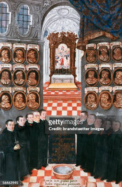 Scheyern, Upper Bavaria: Benedictine monastery. Monastery library. Baroque circular : monks in the church, altar in the background. Photography by...
