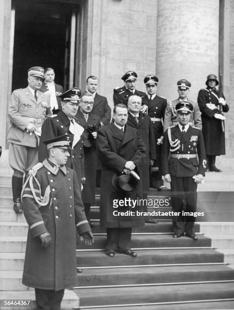 Prince Franz Josef II of Liechtenstein leaving the "Reichskanzlei" after a meeting with Adolf Hitler. Next to him chief of protocol, baron Doernberg,...