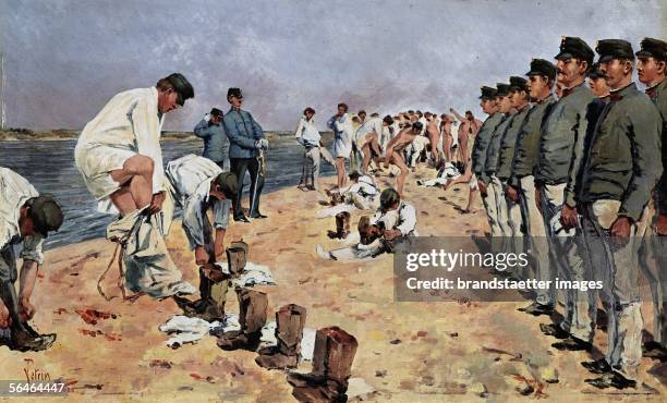 Austrian soldiers taking a bath in the Mediterranean sea. Painting by V.Petrin, 1900. [oesterreichische Soldaten nehmen ein Bad im Mittelmeer....