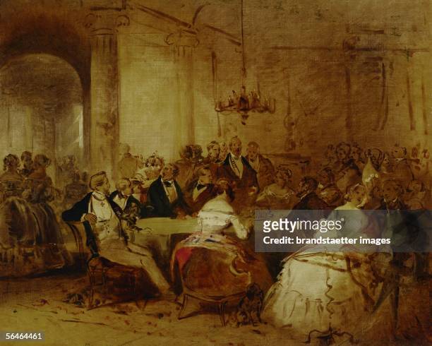 Society scene. Elegant Vienna society in Schubert's time,as drawn by Josef Danhauser.The painter was a frequent guest in the house of Baron Spaun,...