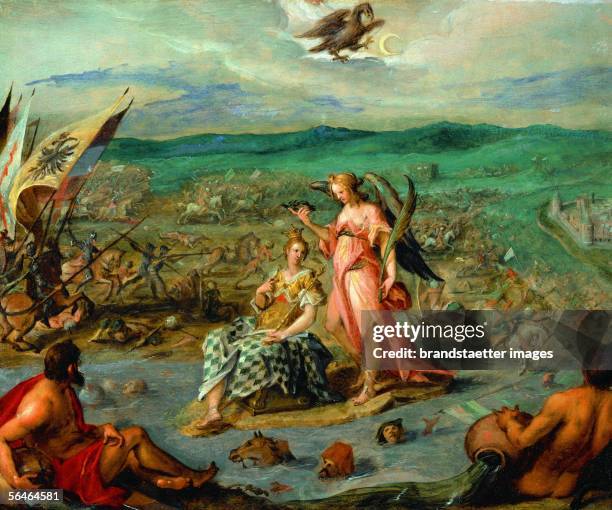 Allegory on the Turkish War in which imperial troops forced the Turks to retreat from Transsylvania. The battle of Sissak . Oil on canvas. [Sinnbild...