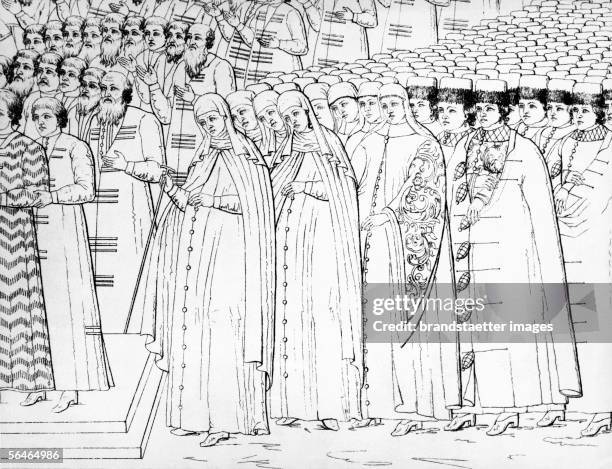 Group of Nobles. The picture shows a meeting with Tsar Michail Fiodorowitch in one of the fortresses. 17th century. [Eine Gruppe Adeliger bei einem...