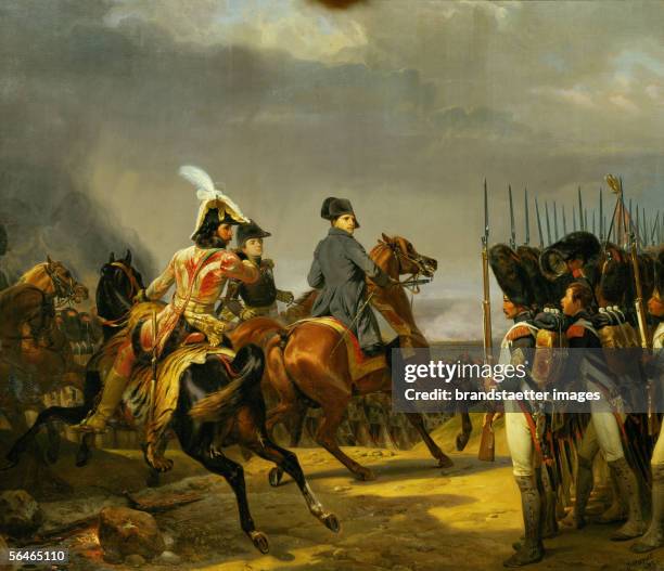 The Battle of Jena, October 14,1806. Napoleon reviews his troops with Fieldmarshals Joachim Murat and Louis Alexandre Berthier. Musee National du...