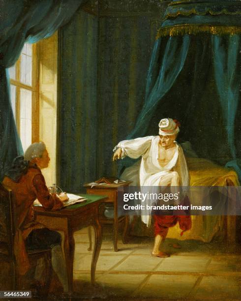 Voltaire in his night shirt, putting on his trousers while dictating to his secretary, in his home in Fernet , France. Canvas from Jan Huber . Musee...