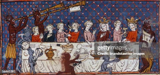 Group of diners are surrounded by devils, some blowing trumpets. One of a set illustrating temptations, from poems by Matfre Ermengau. ID: Roy 19 C...
