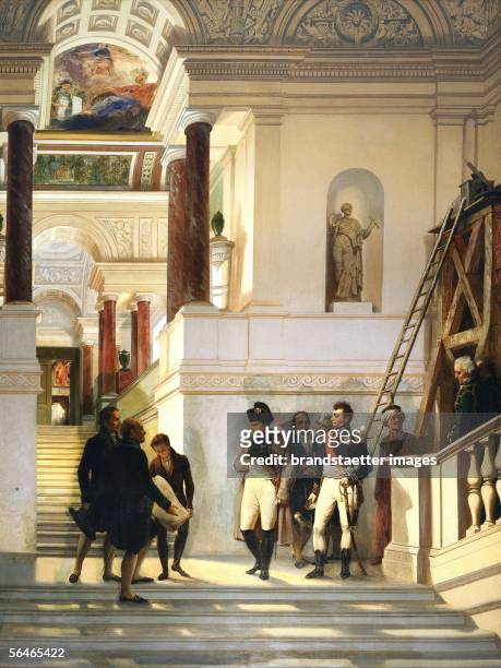 Napoleon I Bonaparte on the staircase of the Louvre, accompanied by architects Percier and Fontaine.The staircase was built prior to 1812, but...