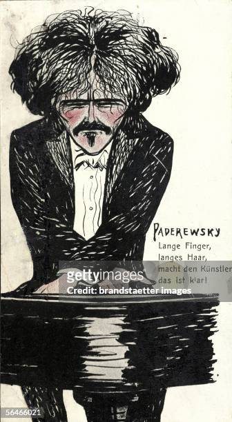 Caricature of Ignacy Jan Paderewski. Polish pianist. Postcard. Around 1910. [Karikatur Ignacy Jan Paderewski. Polnischer Pianist. Postkarte. Um 1910]