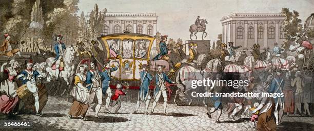Anonymous British painter Return of Louis XVI to Paris,october 6,1789. British coloured engraving. Bibliotheque Nat.,Coll.des Estampes, Paris,...
