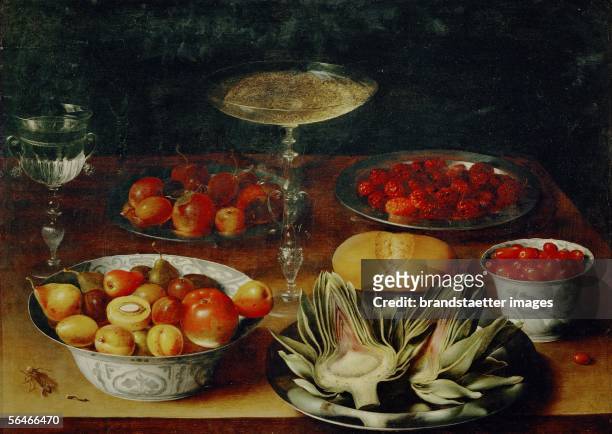Still-life "Artichokes,fruit and cups" by Osias Beert the Elder. Musee des Beaux Arts, Grenoble, France. [Stillleben "Artichoken, Fruechte und...
