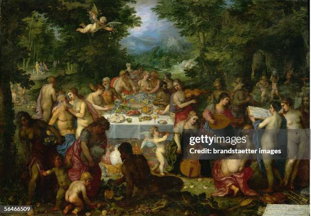 Feast for gods. While the gods are assembled around a table with oysters, lobsters and melon, an orchestra of nude female musicians accompanies the...