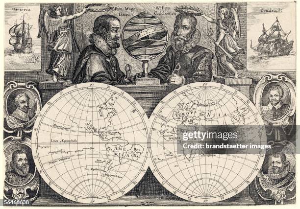 Ferdinand Magellan . The two sides of the globe. Above: "Fern. Magellanes" and "Willem C. Schouten", both holding protractors. Angels are holding...