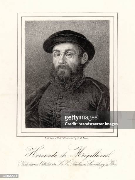 Ferdinand Magellan "Hernando de Magellanes". Litography by Emil Wilhelm. [Ferdinand Magellan "Hernando de Magellanes". Lithographie von Emil Wilhelm.]