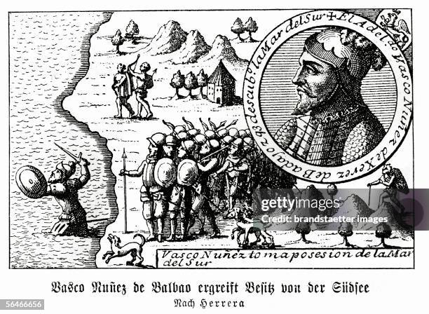 Vasco Balbao conquering the South Seas. Etching after Herrera. [Vasco Balbao "ergreift Besitz von der Suedsee". Stich nach Herrera.]