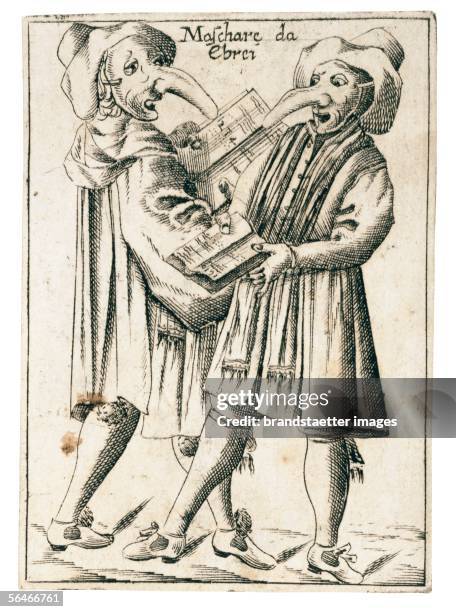 Singers waering masks of Jews. Commedia dell?arte scene. Illustration from the Book "Masks and Clowns", 19th century. [Als Juden verkeidete Saenger....