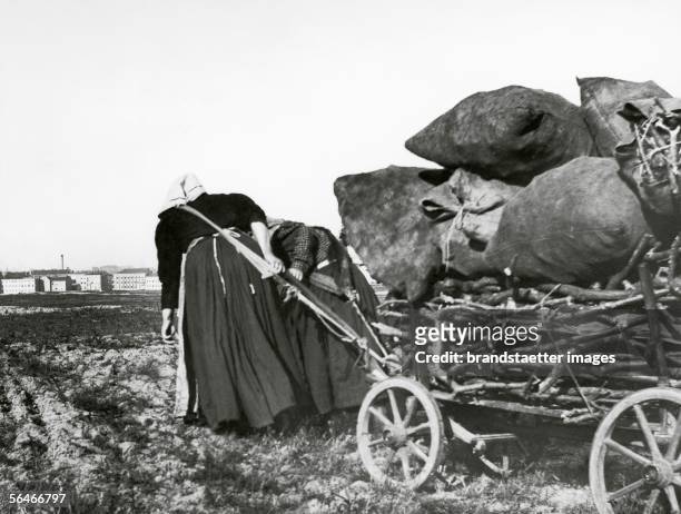 The misery of the underclass: Wood collectors pulling their carriages across the parade-ground in Charlottenburg. Germany. Photographie byHeinrich...