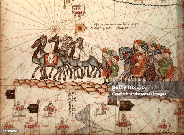 Marco Polo with a caravan. Illustration from the "Catalan Atlas". Ar. 1375. Bibliotheque Nationale, Paris. [Marco Polo mit einer Karavane....