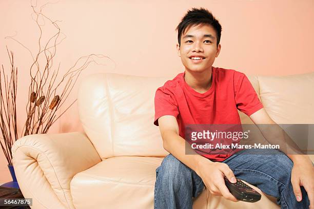teenage boy sitting on sofa, holding remote control - alex boys stockfoto's en -beelden