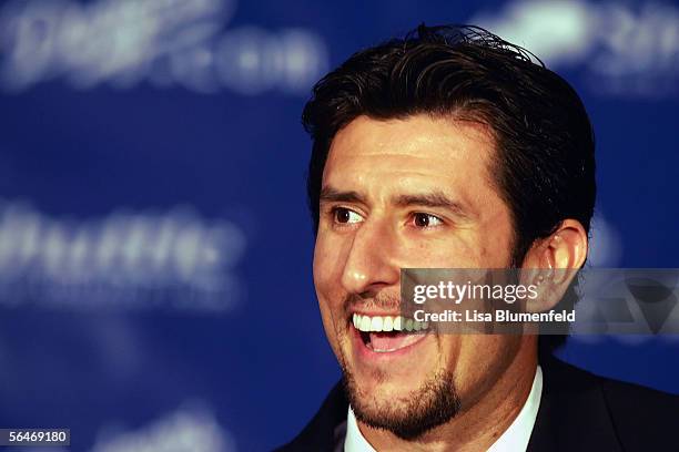 Nomar Garciaparra of the Los Angeles Dodgers addresses the media at a press conference announcing his signing with the team on December 19, 2005 at...