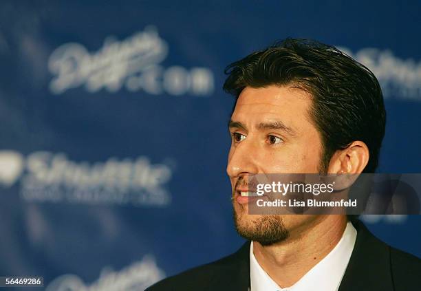 Nomar Garciaparra of the Los Angeles Dodgers addresses the media at a press conference announcing his signing with the team on December 19, 2005 at...