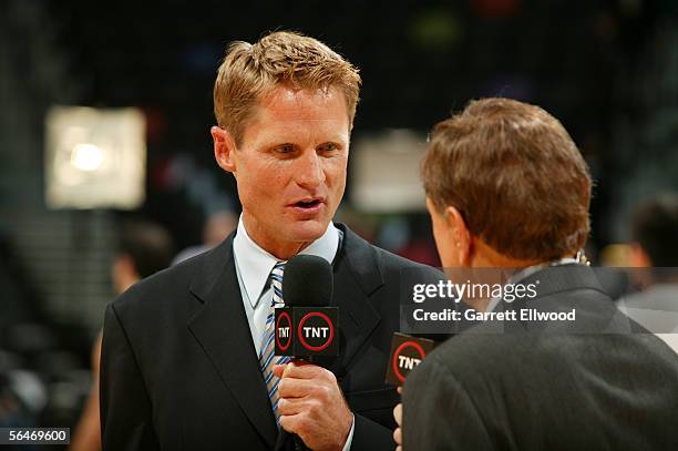 Announcer Steve Kerr speaks before the Denver Nuggets game against the San Antonio Spurs on November 1, 2005 at the SBC Center in San Antonio, Texas....