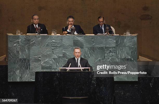 Soviet statesman and Premier of the Soviet Union, Alexei Kosygin addresses the United Nations Assembly Hall in New York on 19th June 1967 prior to...