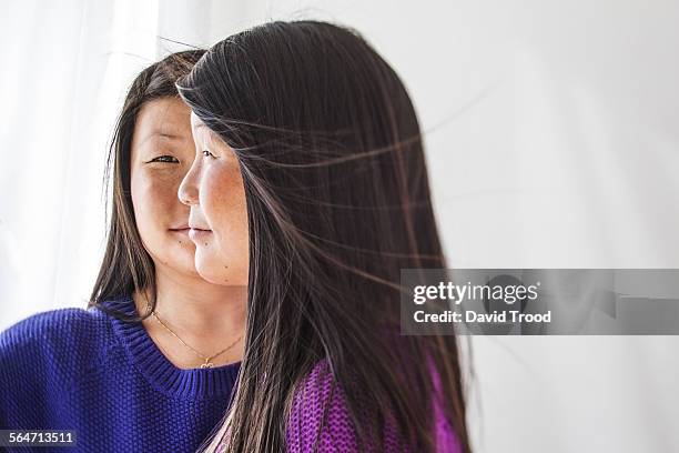 identical twin sisters - asian twins stockfoto's en -beelden