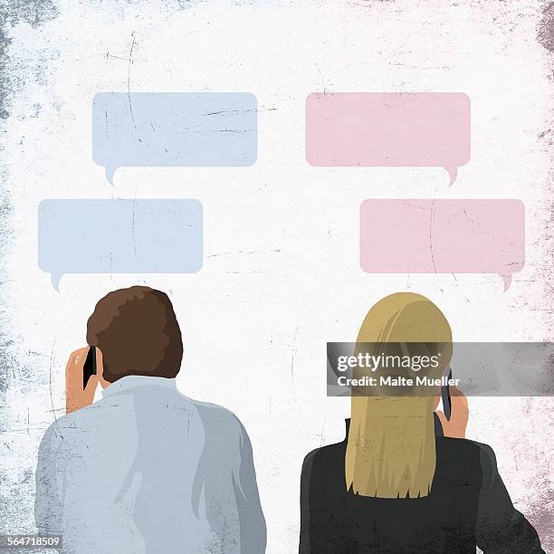 illustration of business people using mobile phone with speech bubble on white background - listening stock illustrations
