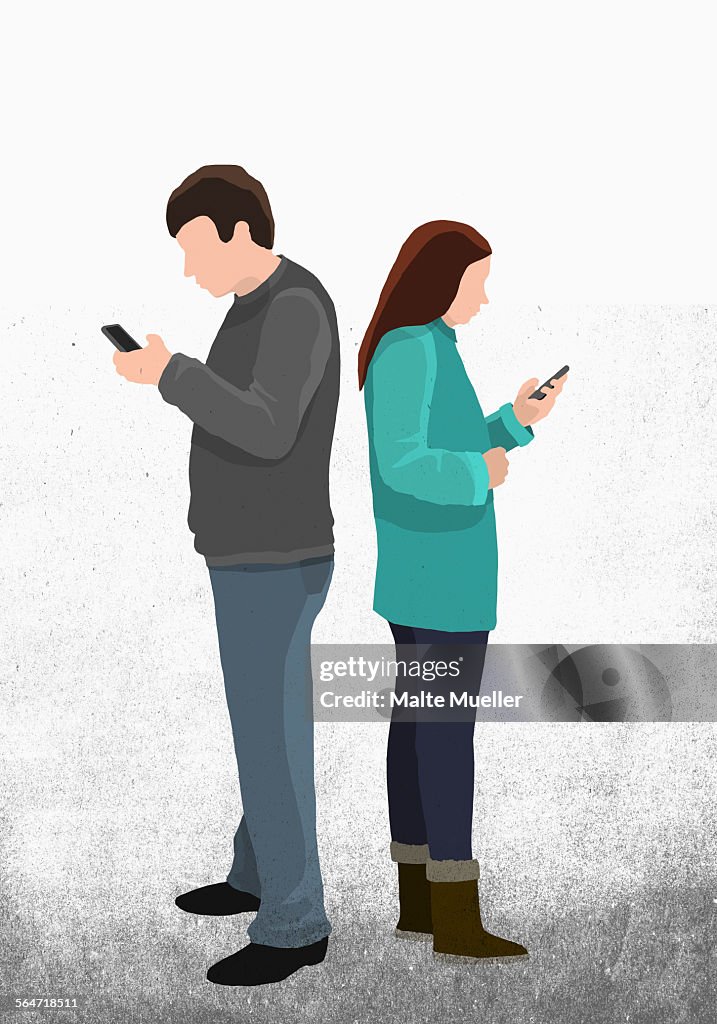 Illustration of friends text messaging through mobile phone while standing back to back against whit