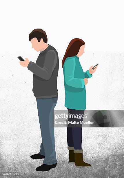 illustration of friends text messaging through mobile phone while standing back to back against whit - 2015 stock illustrations