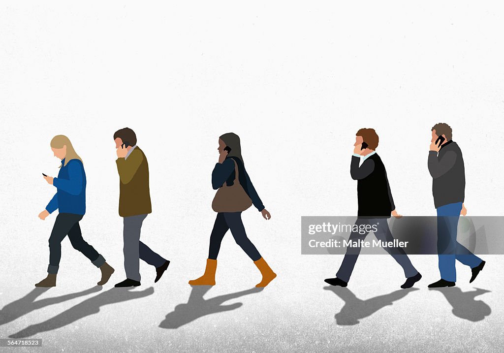 Illustration of people using mobile phones while walking on street against clear sky