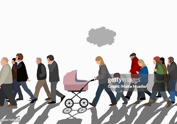 illustration of people walking on street against sky - frau sonne business stock-grafiken, -clipart, -cartoons und -symbole