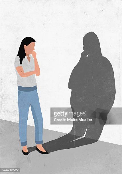 illustrations, cliparts, dessins animés et icônes de illustrative image of woman looking at her fat shadow on wall representing worry for obesity - dieting