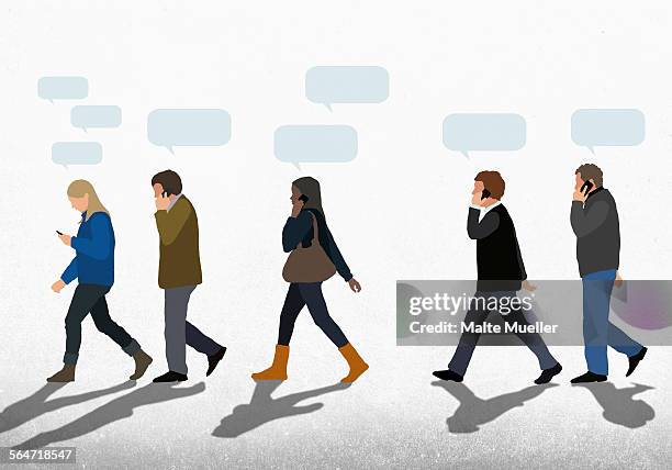 illustration of people with speech bubbles using mobile phones while walking on street against clear - hearing concept stock illustrations