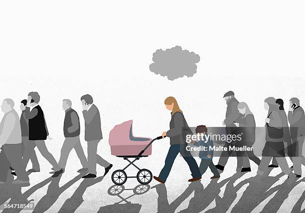 illustration of family walking with crowd on street against sky - isolated colour stock-grafiken, -clipart, -cartoons und -symbole