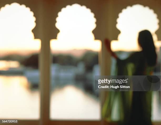 a woman looking at the pichola sea, india, rajashtan - hugh sitton stock pictures, royalty-free photos & images