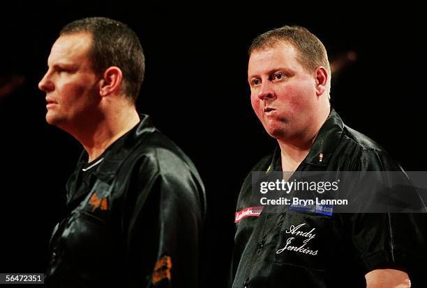 Patrick Bulen of Belgium steps up to the oche to throw against Andy Jenkins of Great Britain during the Ladbrokes World Darts Championship at The...