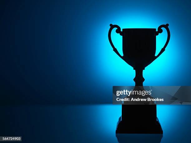 silhouetted trophy with blue background - image awards photos et images de collection