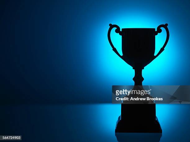 silhouetted trophy with blue background - trophy award stock pictures, royalty-free photos & images