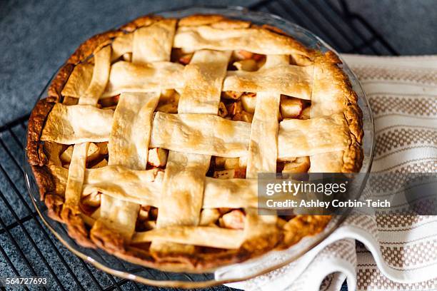 apple pie with latticed pastry on kitchen counter - pie bildbanksfoton och bilder