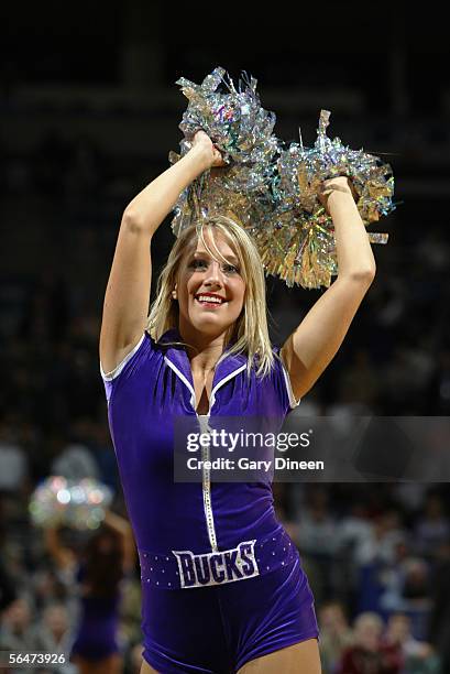 Member of the Milwaukee Bucks Energee! Dance Team performs against the Dallas Mavericks on November 29, 2005 at the Bradley Center in Milwaukee,...