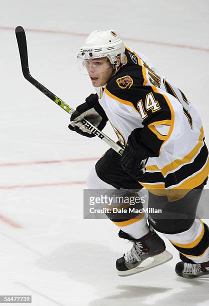 Sergei Samsonov of the Boston Bruins skates against the Calgary Flames during their NHL game at Pengrowth Saddledome on December 17, 2005 in Calgary,...