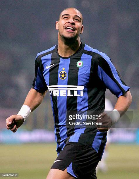 Adriano of Inter celebrates scoring during the Serie A match between Inter Milan and Empoli at the Giuseppe Meazza, San Siro Stadium on December 21,...