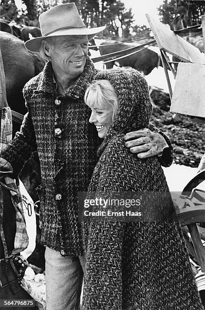 Actor Richard Widmark with actress Lola Albright, on the set of the film 'The Way West', directed by Andrew V. McLaglen, USA, 1967. Widmark plays...