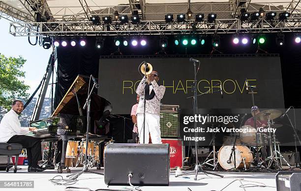 American Jazz musician Roy Hargrove plays trumpet as he leads his quintet during the Blue Note Jazz Festival at Central Park SummerStage, New York,...