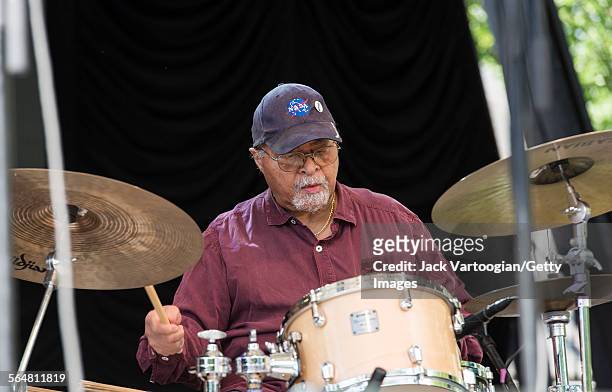 American Jazz musician Jimmy Cobb plays drums as he performs with the Roy Hargrove Quintet during the Blue Note Jazz Festival at Central Park...