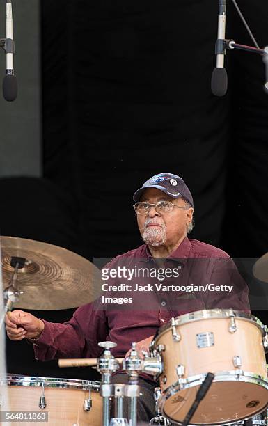 American Jazz musician Jimmy Cobb plays drums as he performs with the Roy Hargrove Quintet during the Blue Note Jazz Festival at Central Park...