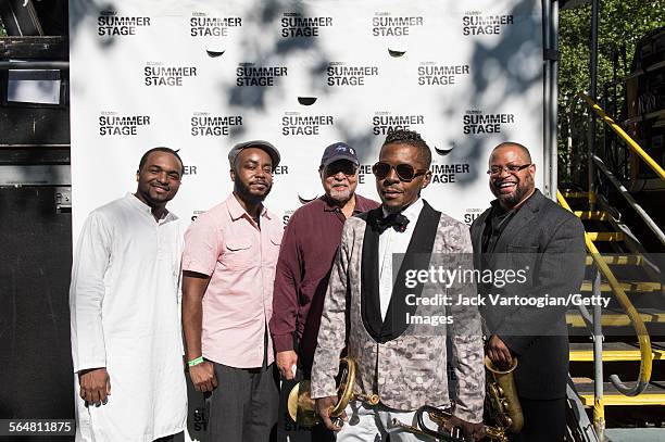 Portrait of the American Jazz group the Roy Hargrove Quintet as they pose backstage after a performance during the Blue Note Jazz Festival at Central...