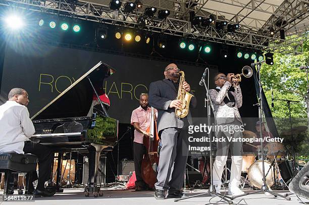 American Jazz musician Roy Hargrove plays trumpet as he leasds his quintet during the Blue Note Jazz Festival at Central Park SummerStage, New York,...