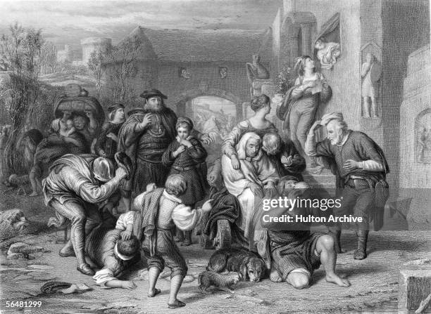 Engraving by H. Bourne, based on a painting by William Mulready called 'The Seven Ages of Man' illustrates Jaques' speech from the second act, scene...